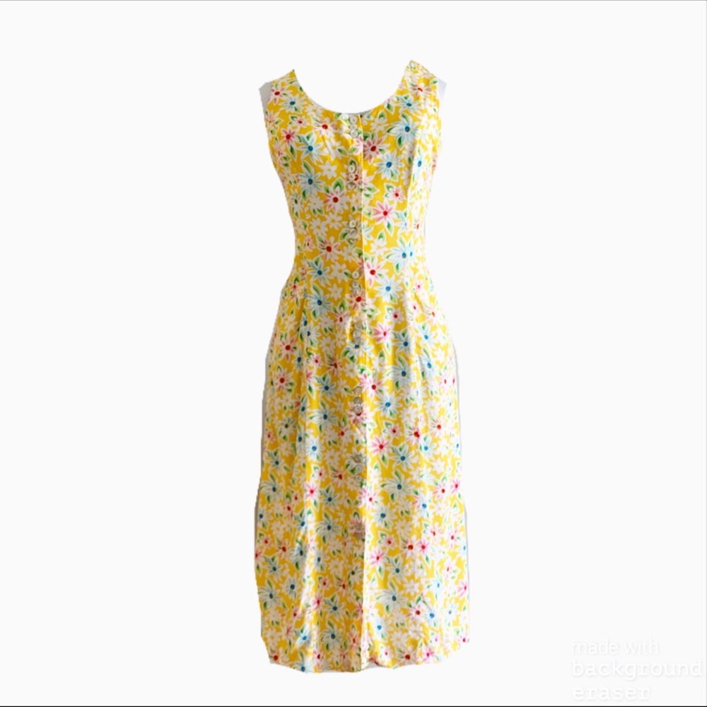 VTG 90s Yellow Belted Floral Button Up Sundress 6